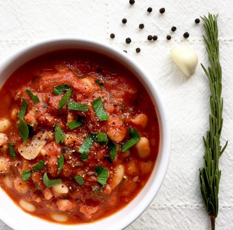 Stewed Cannellini Beans with Tomatoes, Rosemary, and Garlic