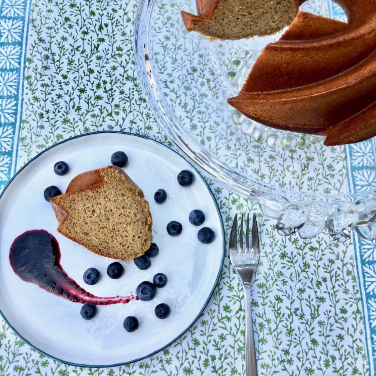 Lemon Poppyseed Bundt Cake with a Blueberry Coulis (gluten, dairy, and refined sugar free)
