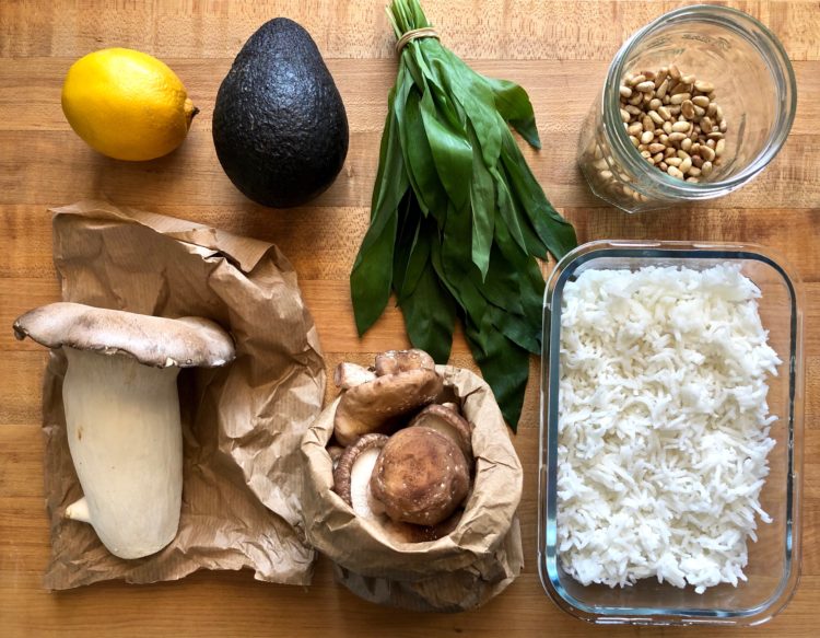 Rice, with Wild Garlic Pesto, Shiitakes, and a Creamy Avocado Sauce